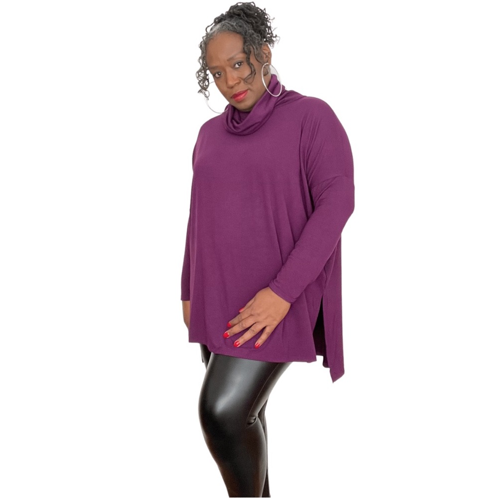 Plus Size Cowl Neck Pullover Knit Top Plum Sizes 1x 2x 3x